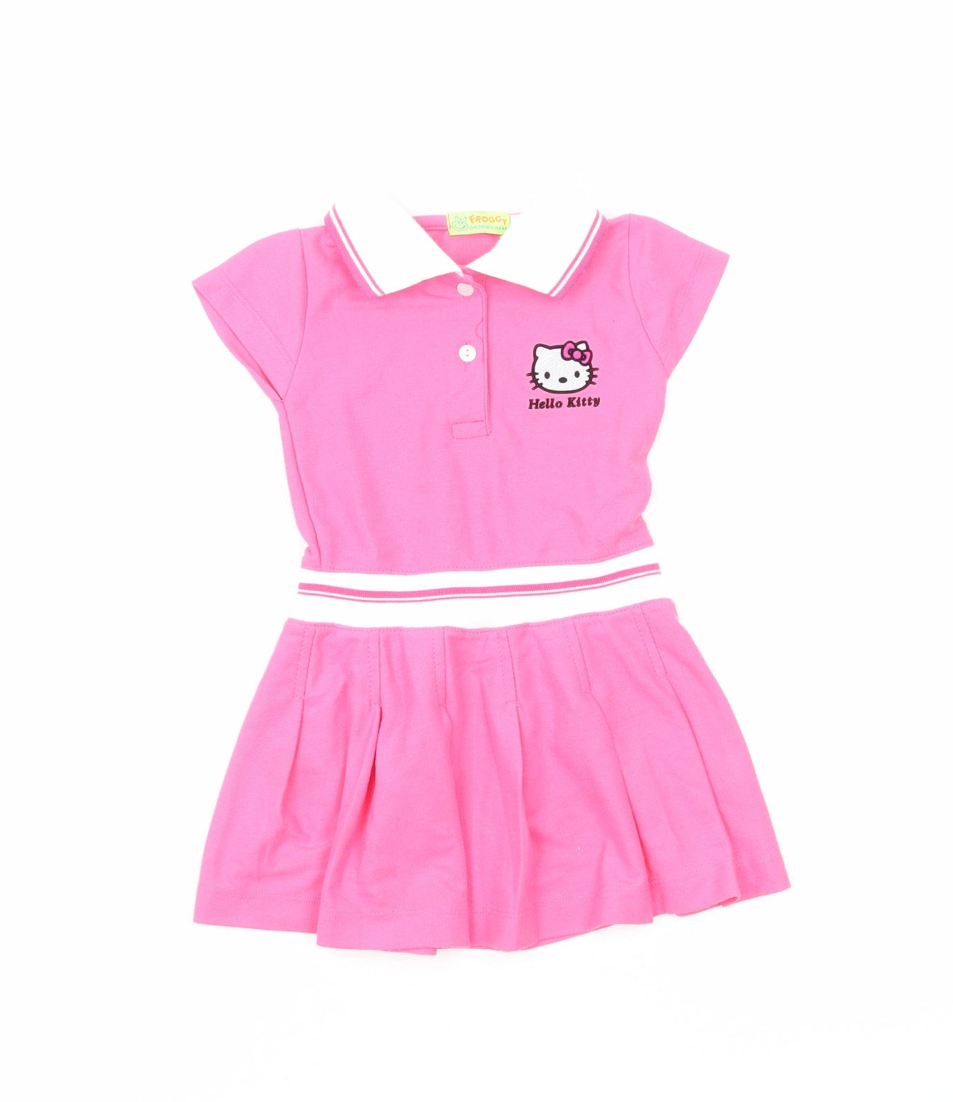Froggy Girls Pink Cotton T-Shirt Dress Size M Collared Pullover - Hello Kitty