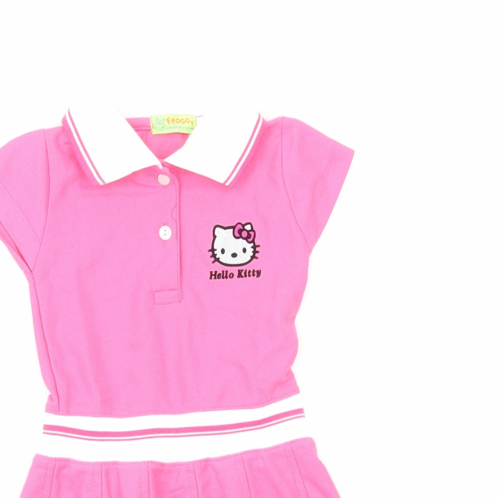 Froggy Girls Pink Cotton T-Shirt Dress Size M Collared Pullover - Hello Kitty