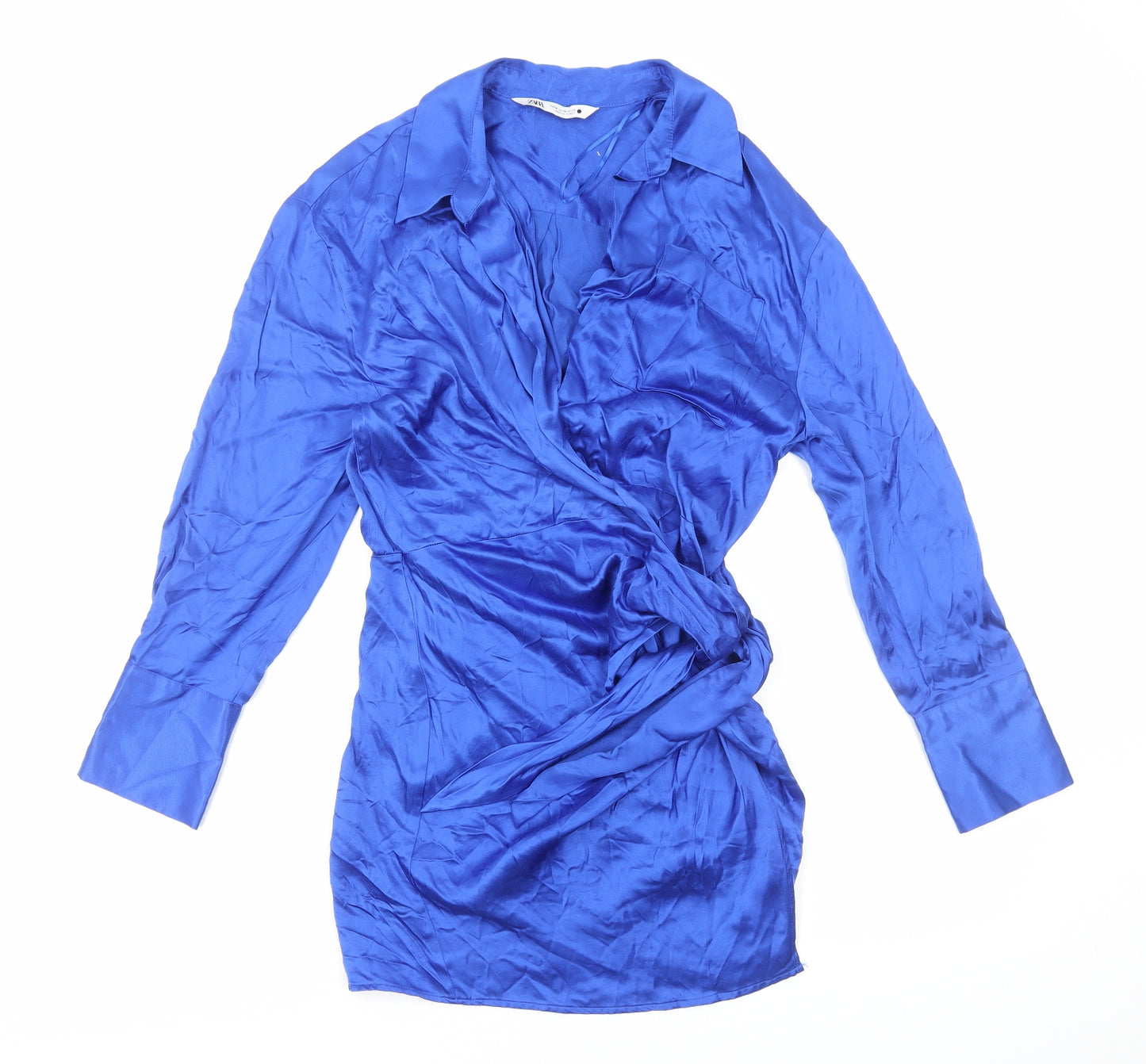 Zara Womens Blue Polyester Shirt Dress Size M Collared Tie