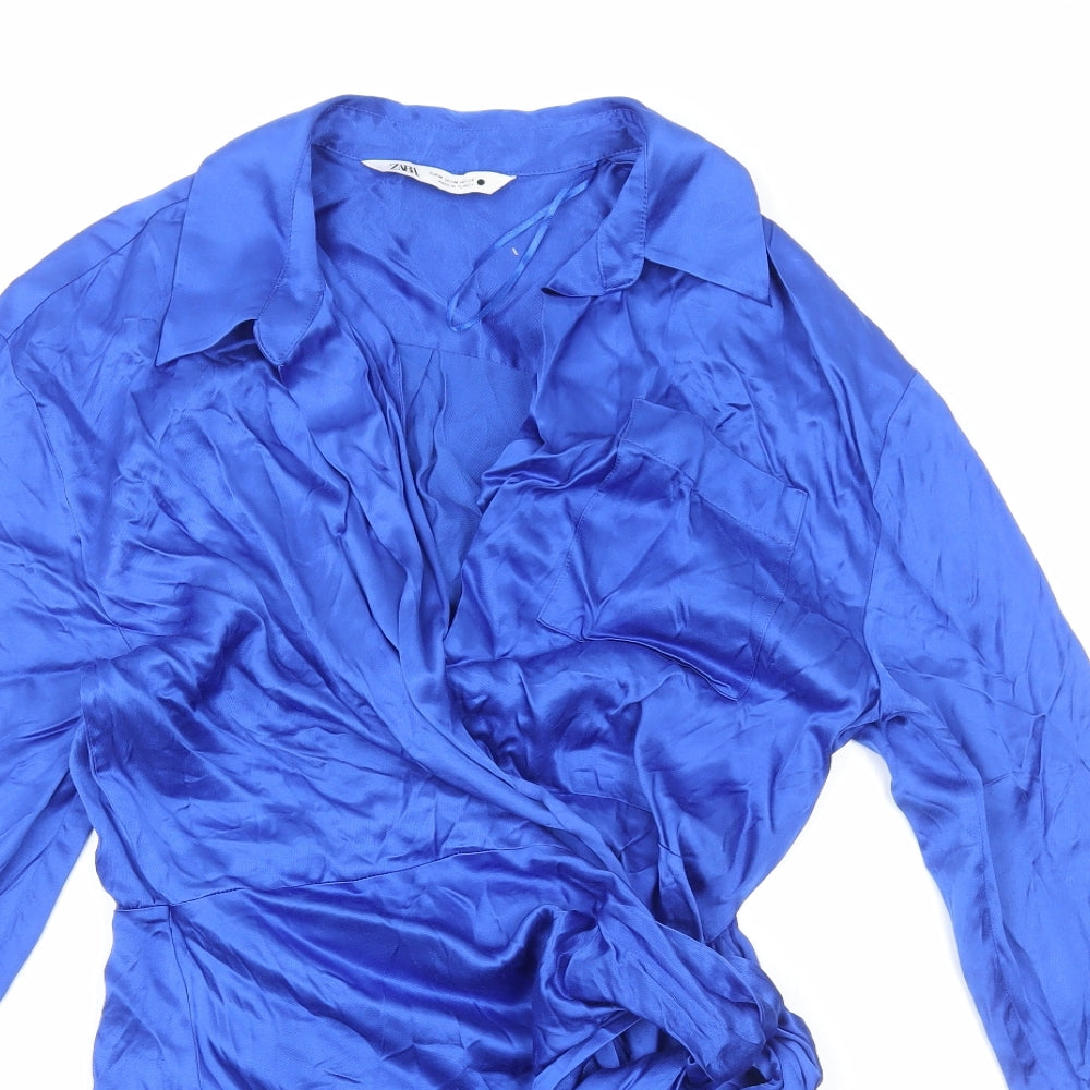 Zara Womens Blue Polyester Shirt Dress Size M Collared Tie