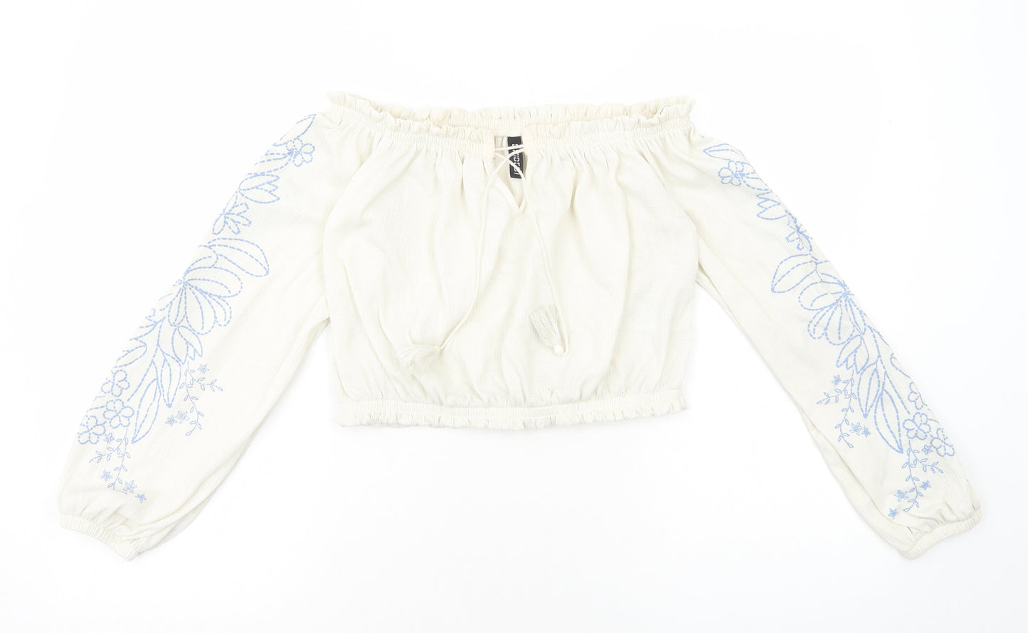 H&M Womens White Floral Viscose Cropped Blouse Size S Off the Shoulder
