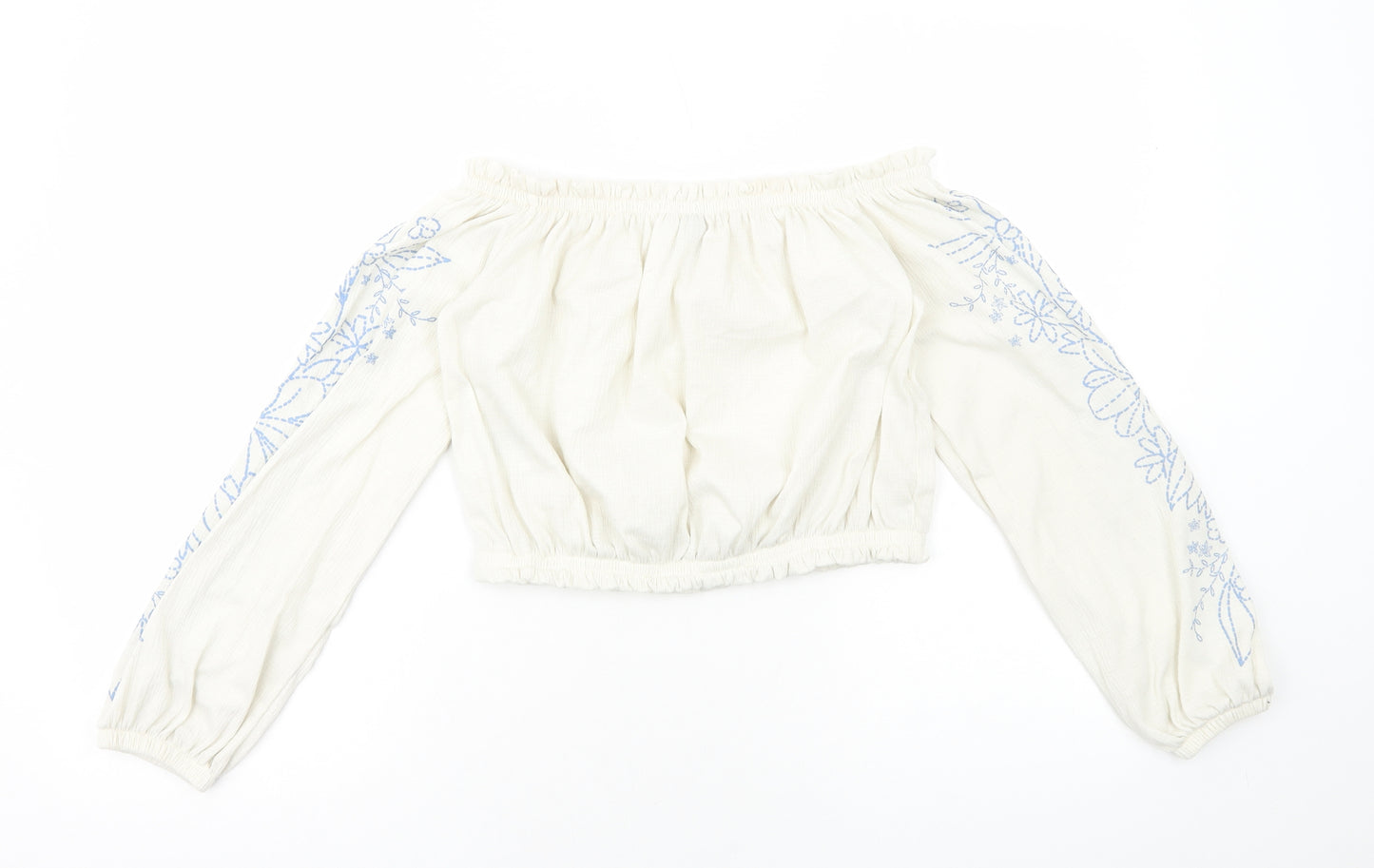 H&M Womens White Floral Viscose Cropped Blouse Size S Off the Shoulder