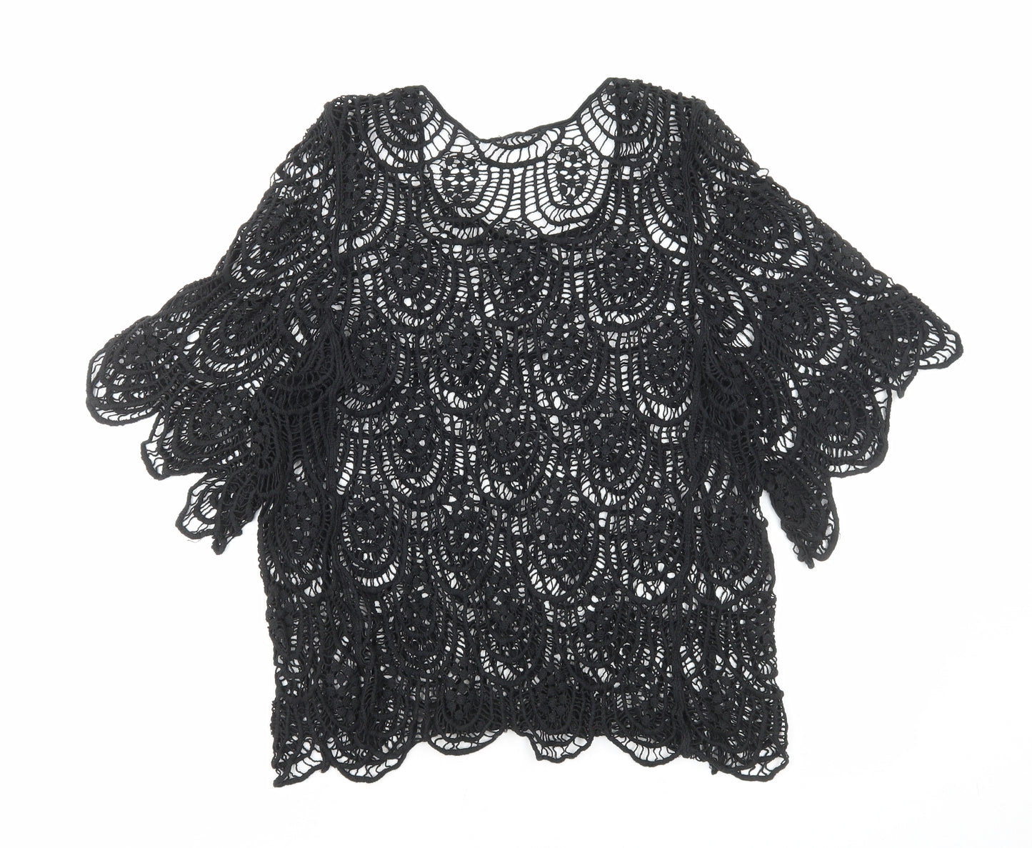 Preworn Womens Black Geometric Cotton Basic Blouse Size M Round Neck
