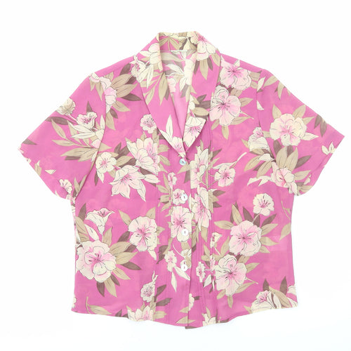 Preworn Womens Pink Floral Polyester Basic Button-Up Size 12 Collared