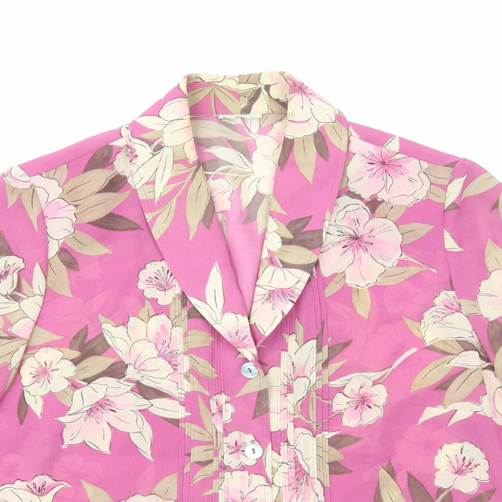 Preworn Womens Pink Floral Polyester Basic Button-Up Size 12 Collared