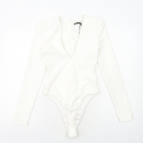 Zara Womens White Polyester Bodysuit One-Piece Size S Zip
