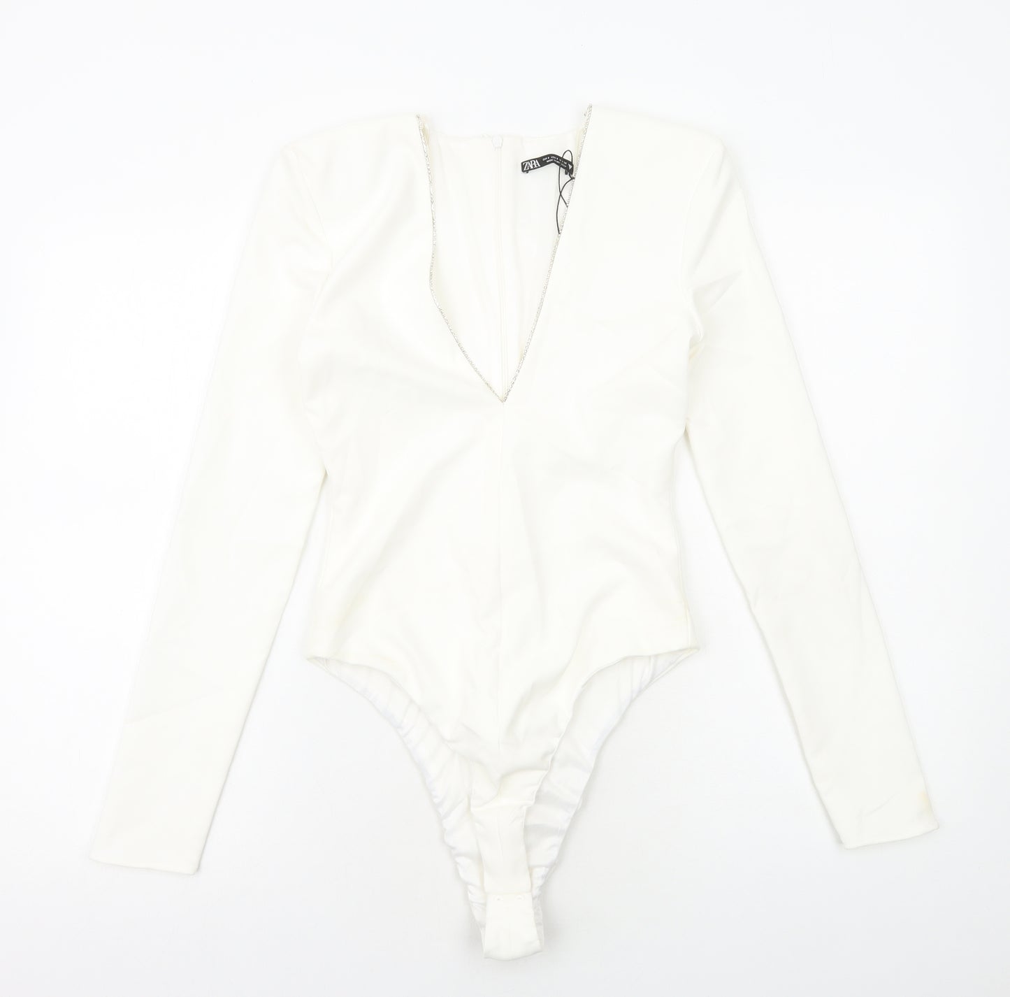 Zara Womens White Polyester Bodysuit One-Piece Size S Zip
