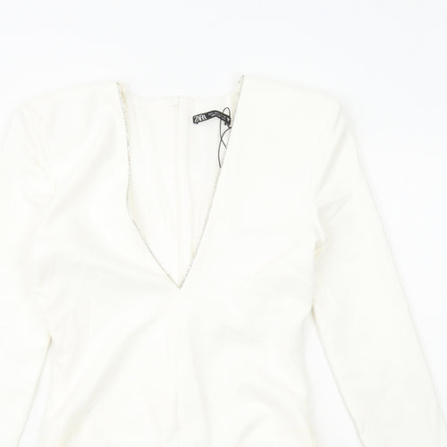 Zara Womens White Polyester Bodysuit One-Piece Size S Zip