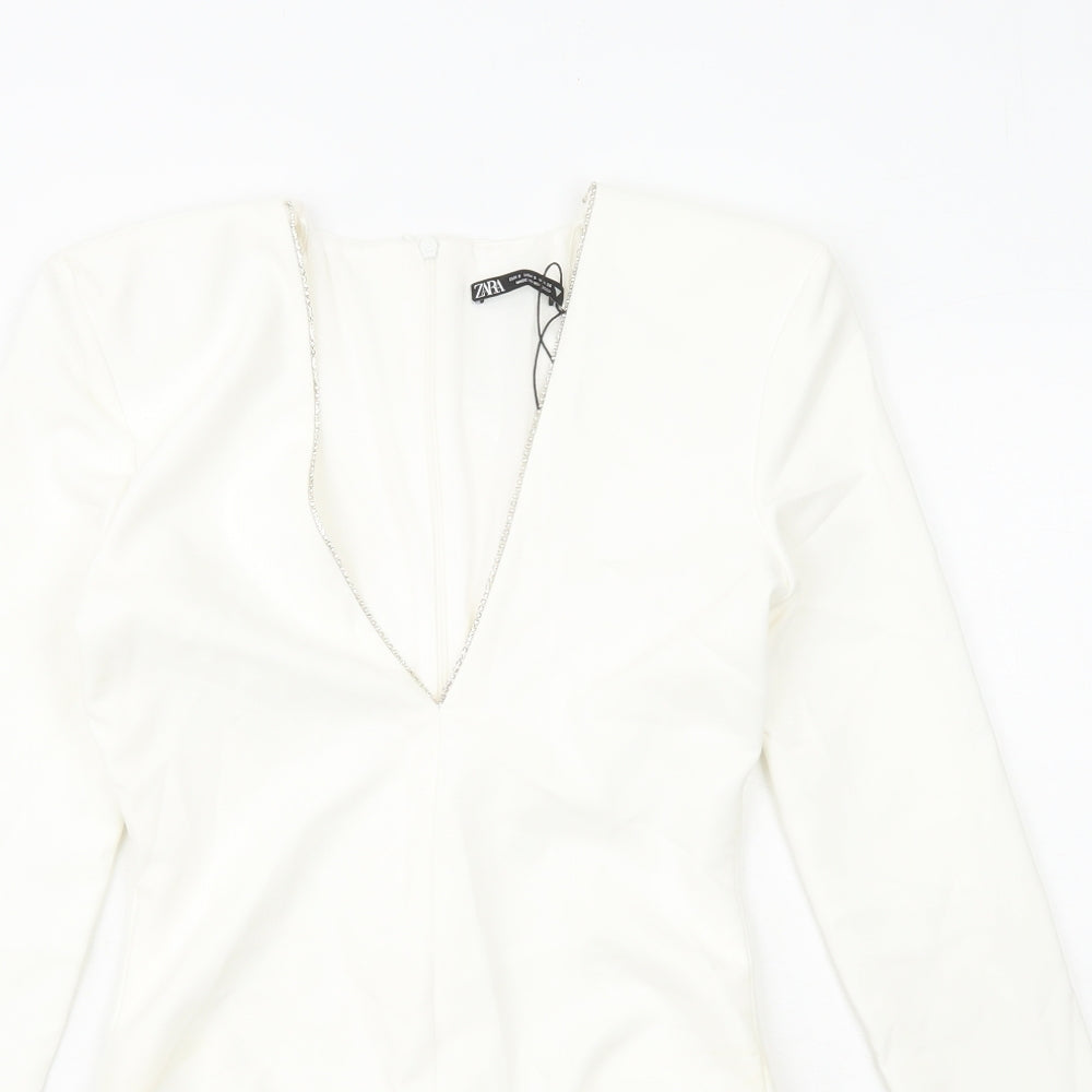 Zara Womens White Polyester Bodysuit One-Piece Size S Zip