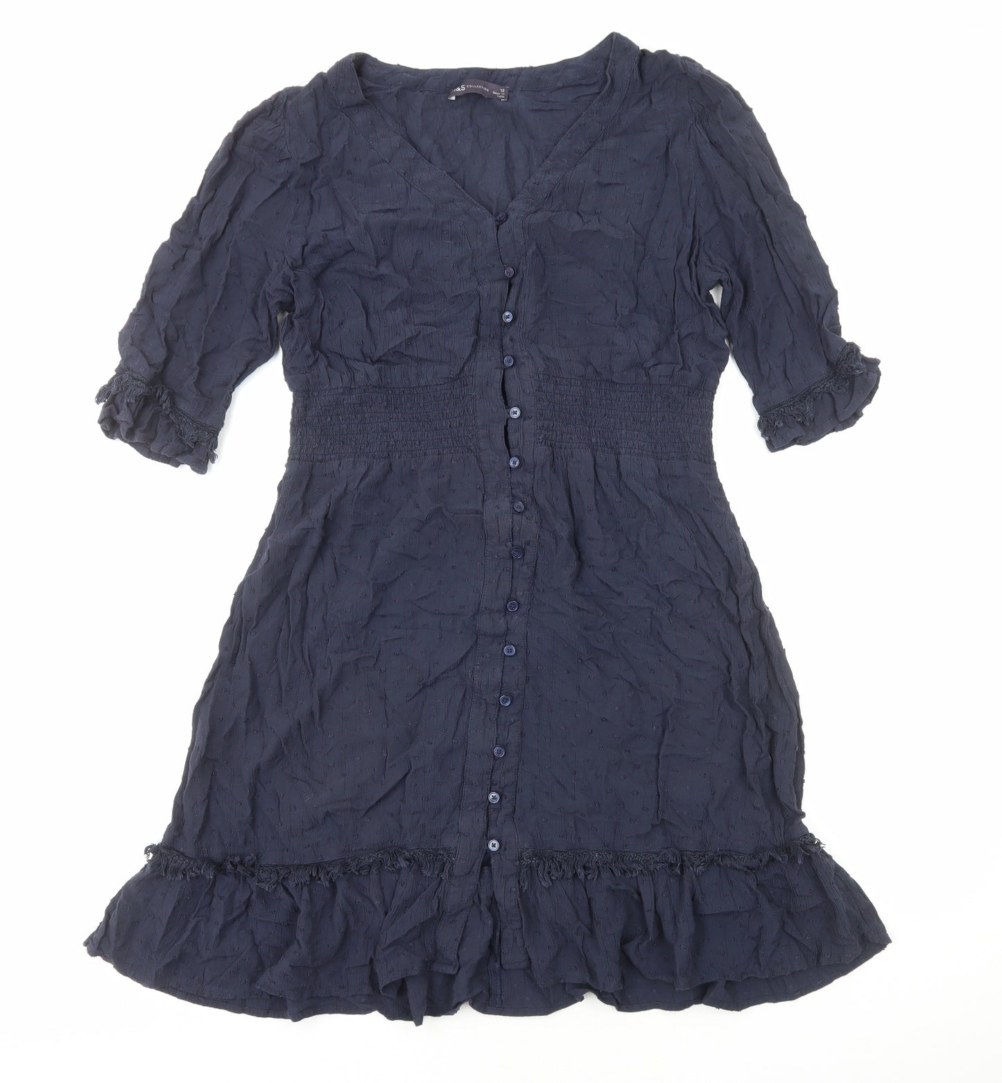 Marks and Spencer Womens Blue Herringbone Viscose Fit & Flare Size 12 V-Neck Button