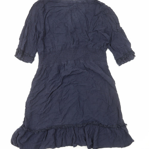 Marks and Spencer Womens Blue Herringbone Viscose Fit & Flare Size 12 V-Neck Button