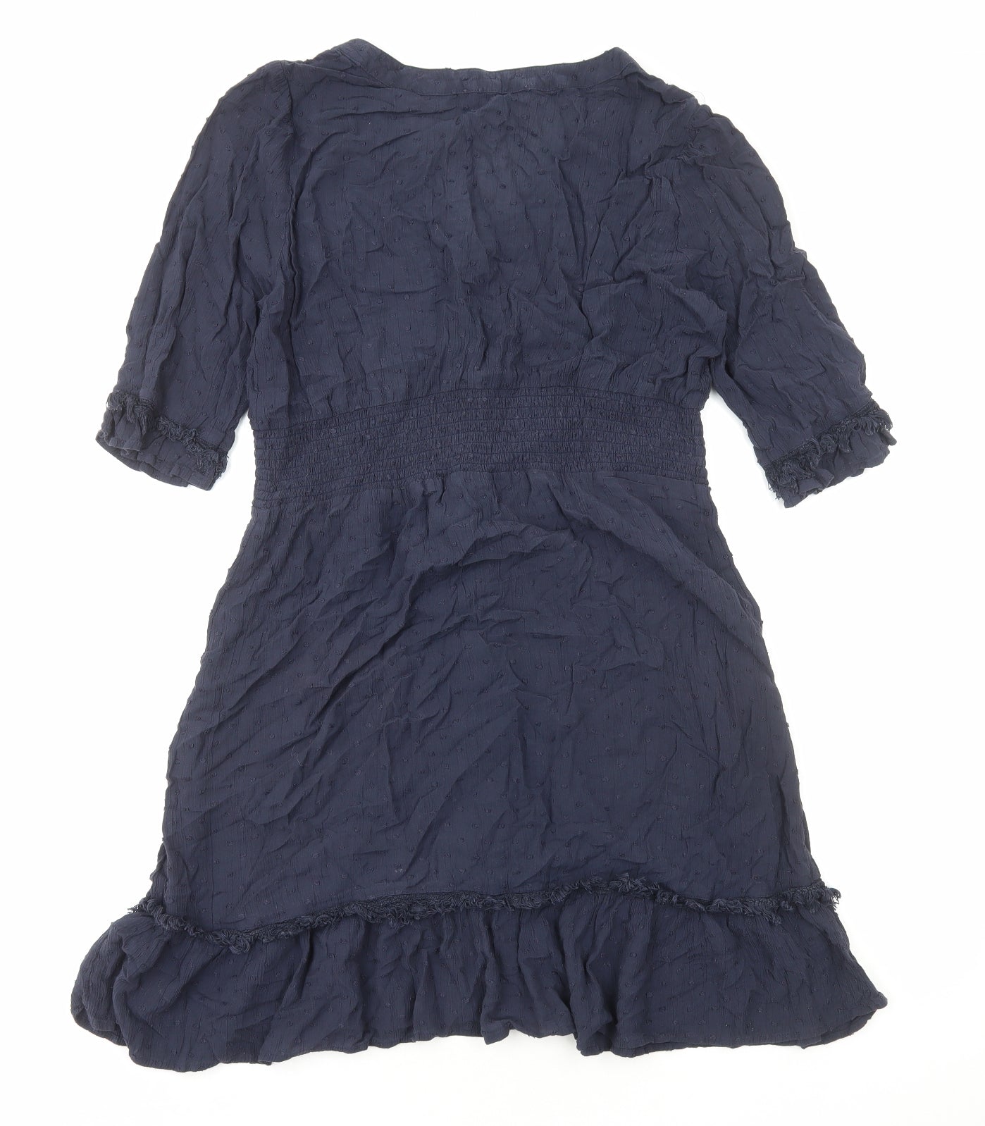 Marks and Spencer Womens Blue Herringbone Viscose Fit & Flare Size 12 V-Neck Button