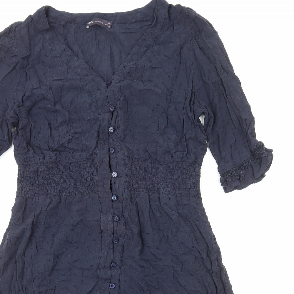 Marks and Spencer Womens Blue Herringbone Viscose Fit & Flare Size 12 V-Neck Button