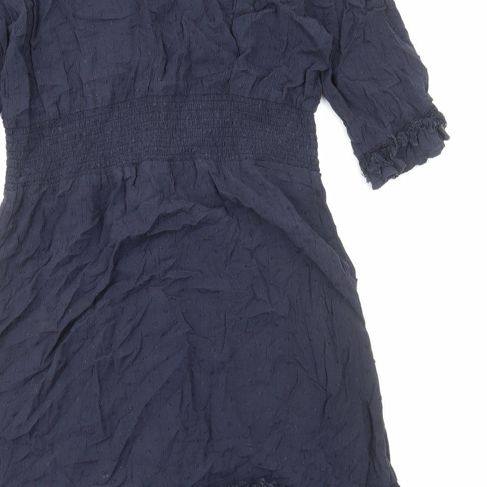 Marks and Spencer Womens Blue Herringbone Viscose Fit & Flare Size 12 V-Neck Button