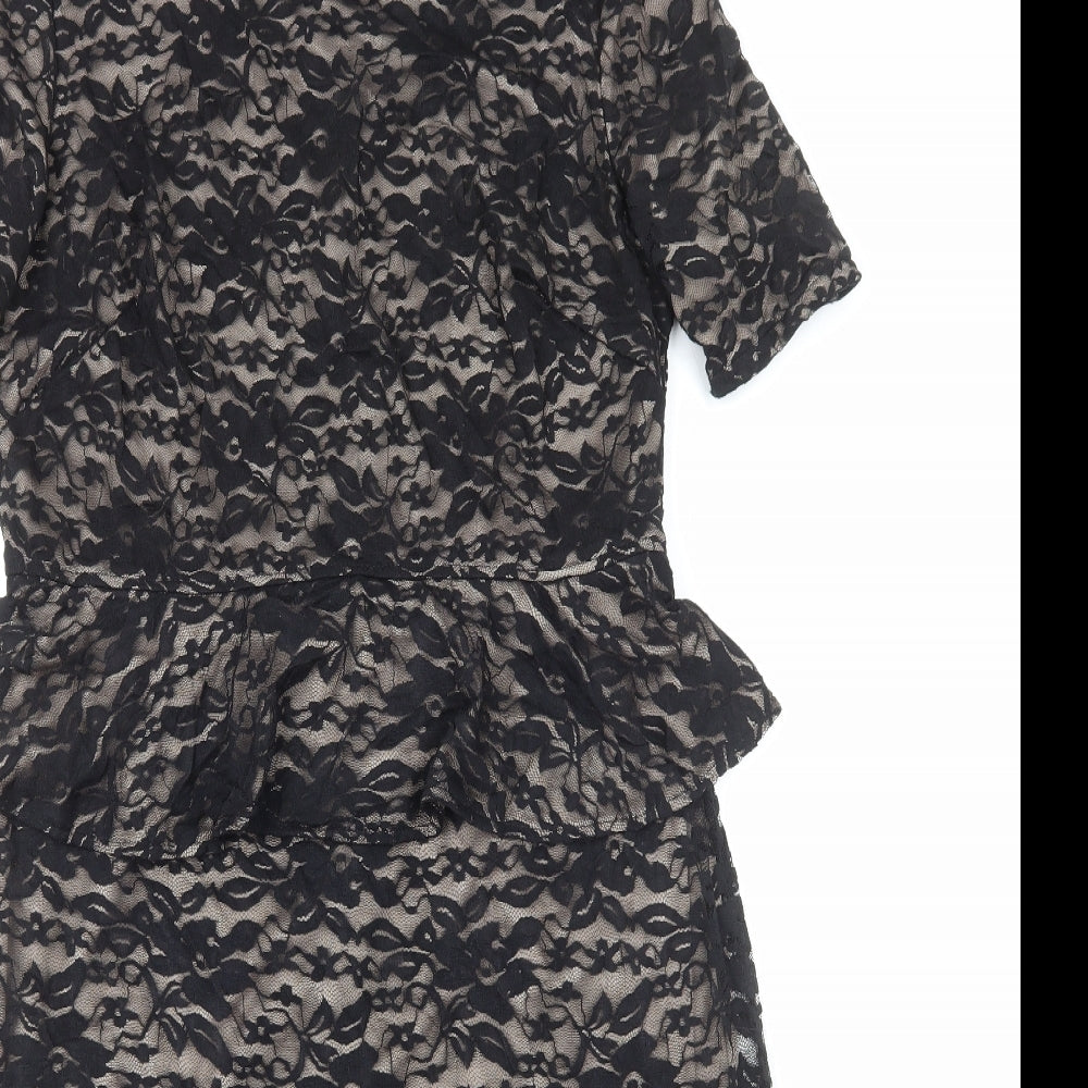 Marks and Spencer Womens Black Floral Polyester A-Line Size 16 Round Neck Zip