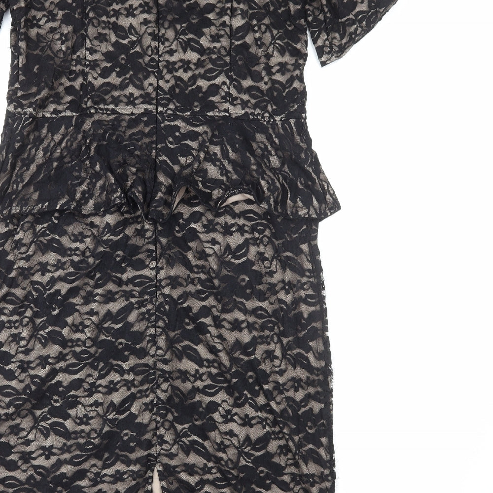 Marks and Spencer Womens Black Floral Polyester A-Line Size 16 Round Neck Zip
