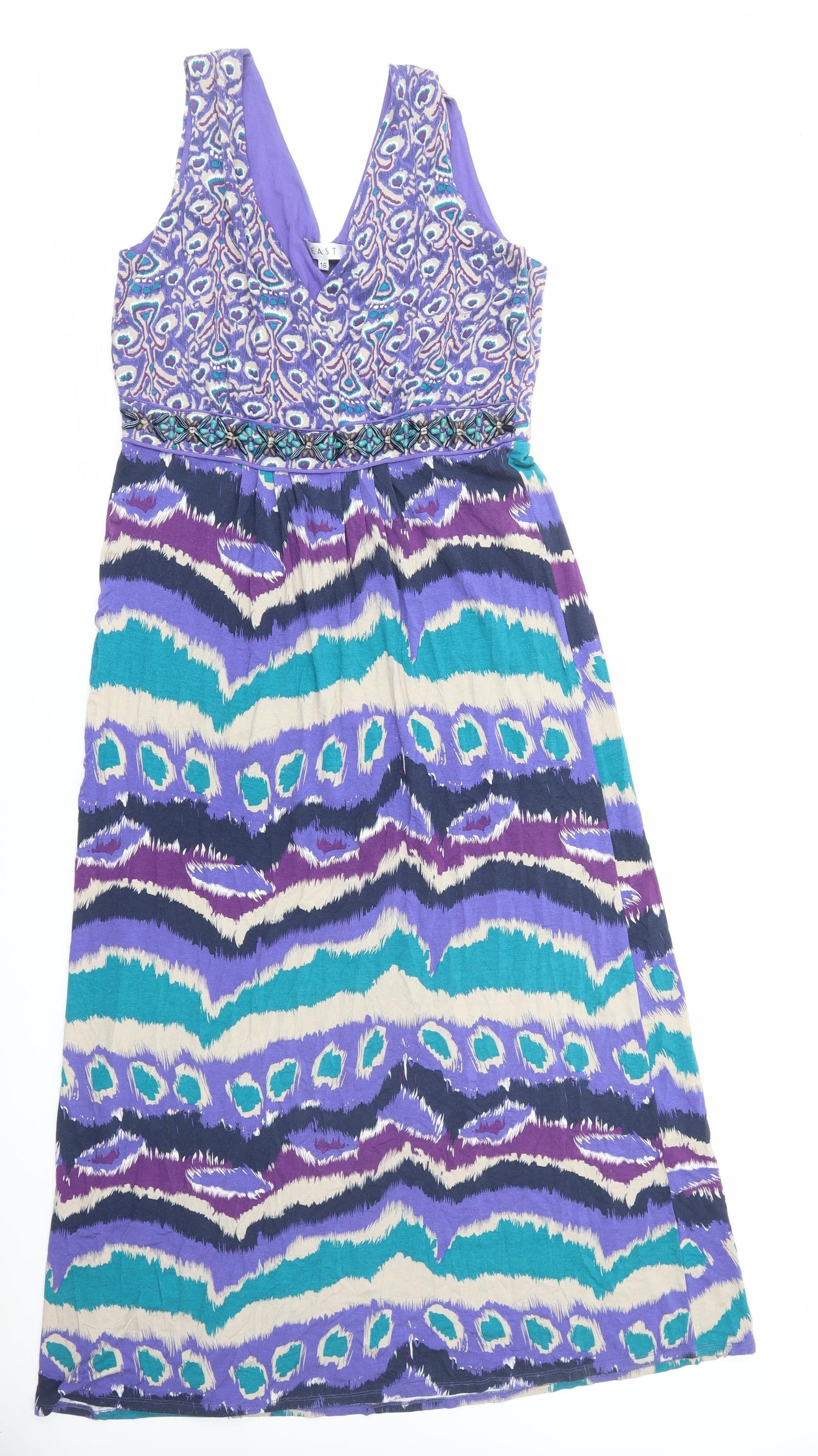 EAST Womens Purple Geometric Viscose Maxi Size 16 V-Neck Zip