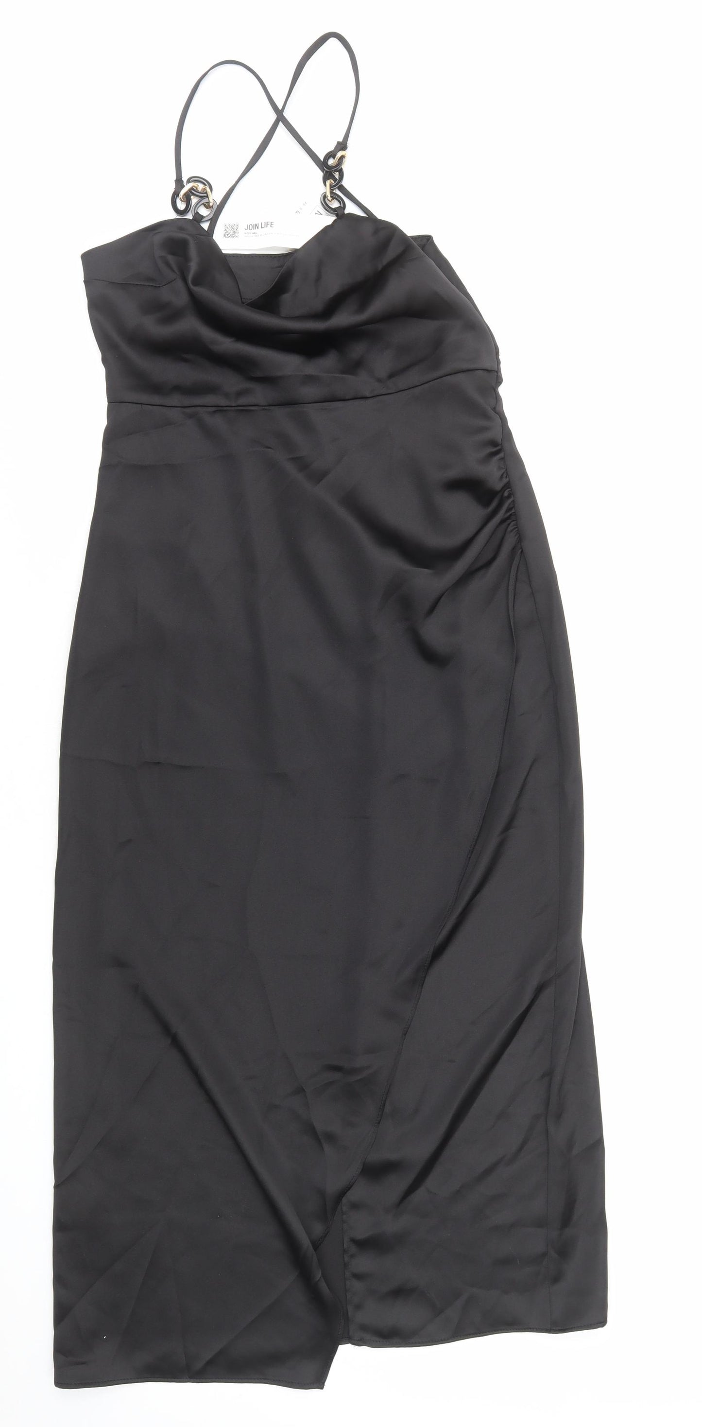 Zara Womens Black Polyester Slip Dress Size M Cowl Neck Zip