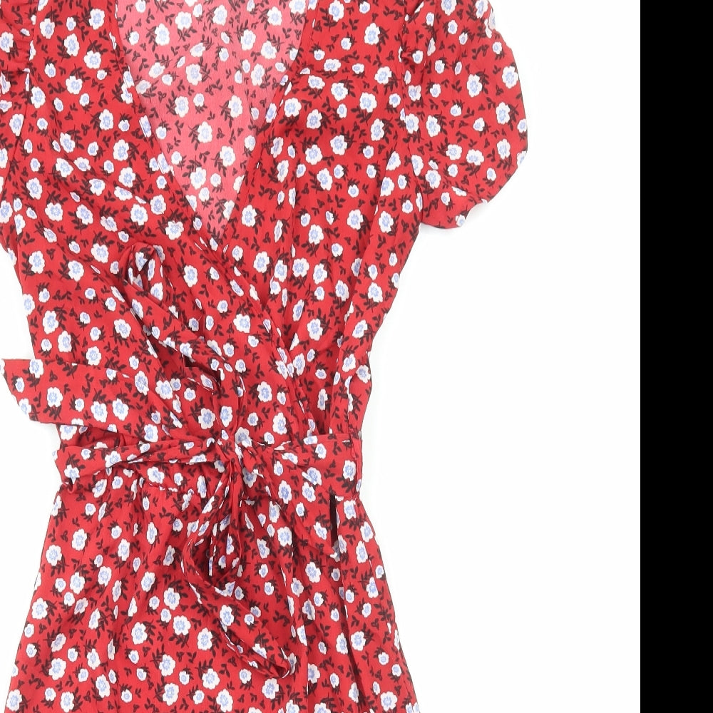 New Look Womens Red Floral Polyester Fit & Flare Size 6 V-Neck Pullover