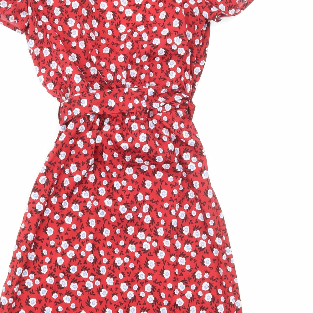 New Look Womens Red Floral Polyester Fit & Flare Size 6 V-Neck Pullover