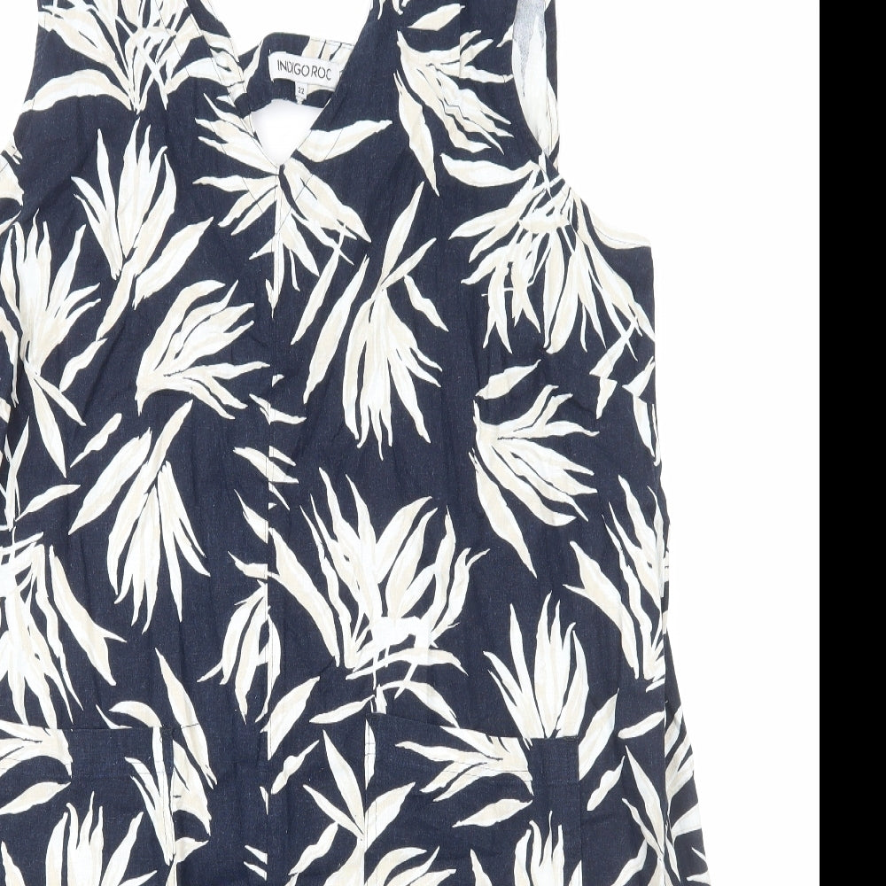 Indigo Roc Womens Blue Floral Linen A-Line Size 22 V-Neck Pullover