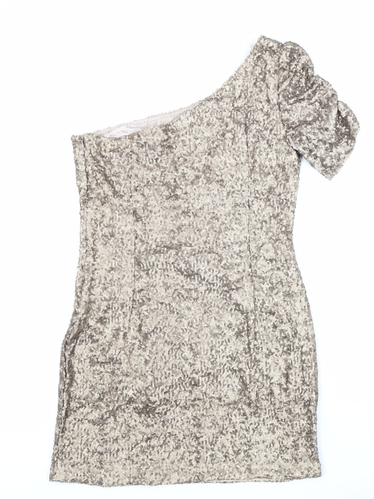 New Look Womens Gold Polyester Mini Size 12 One Shoulder Zip