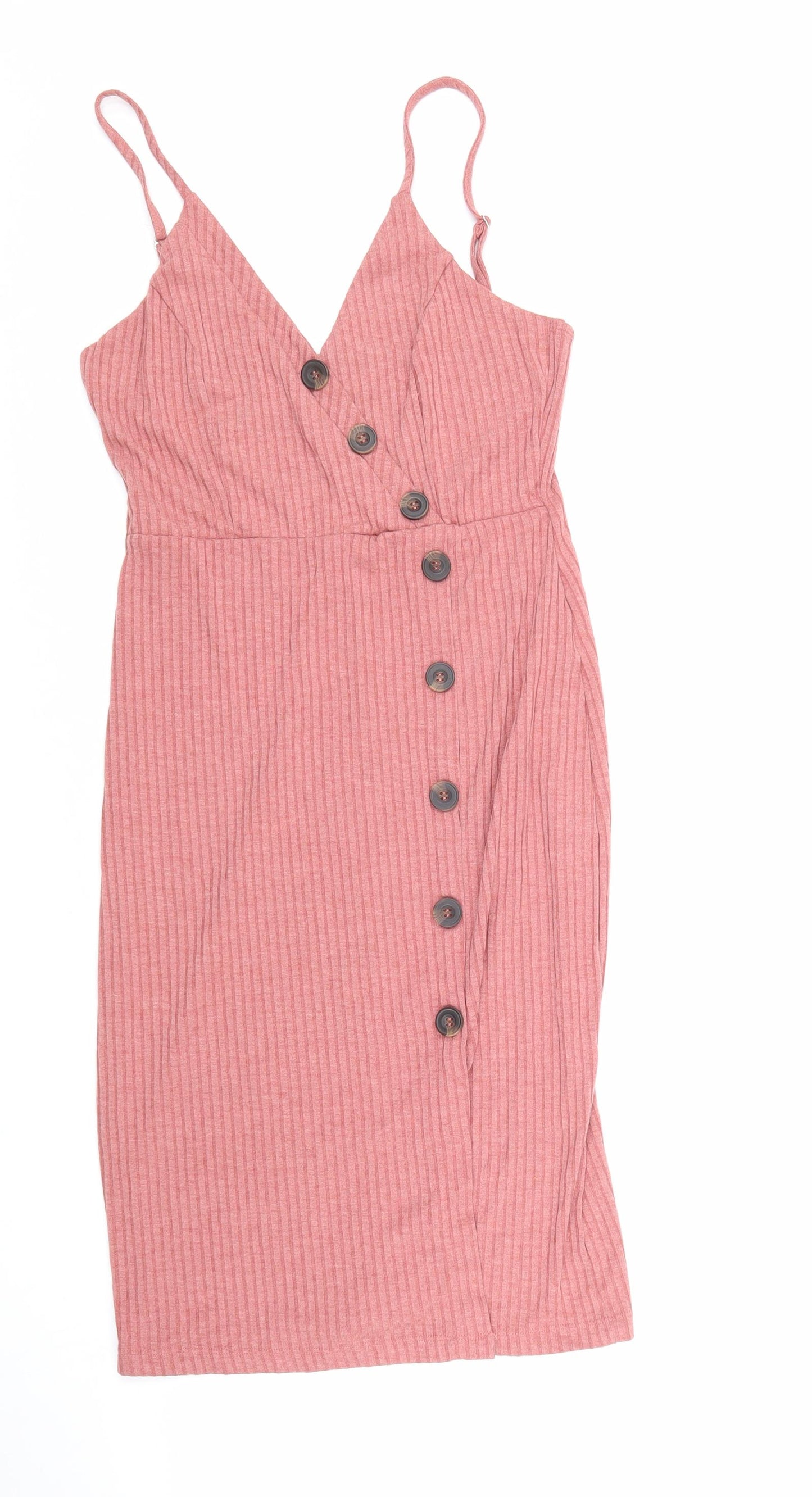 Love Tree Womens Pink Herringbone Polyester Slip Dress Size M V-Neck Button