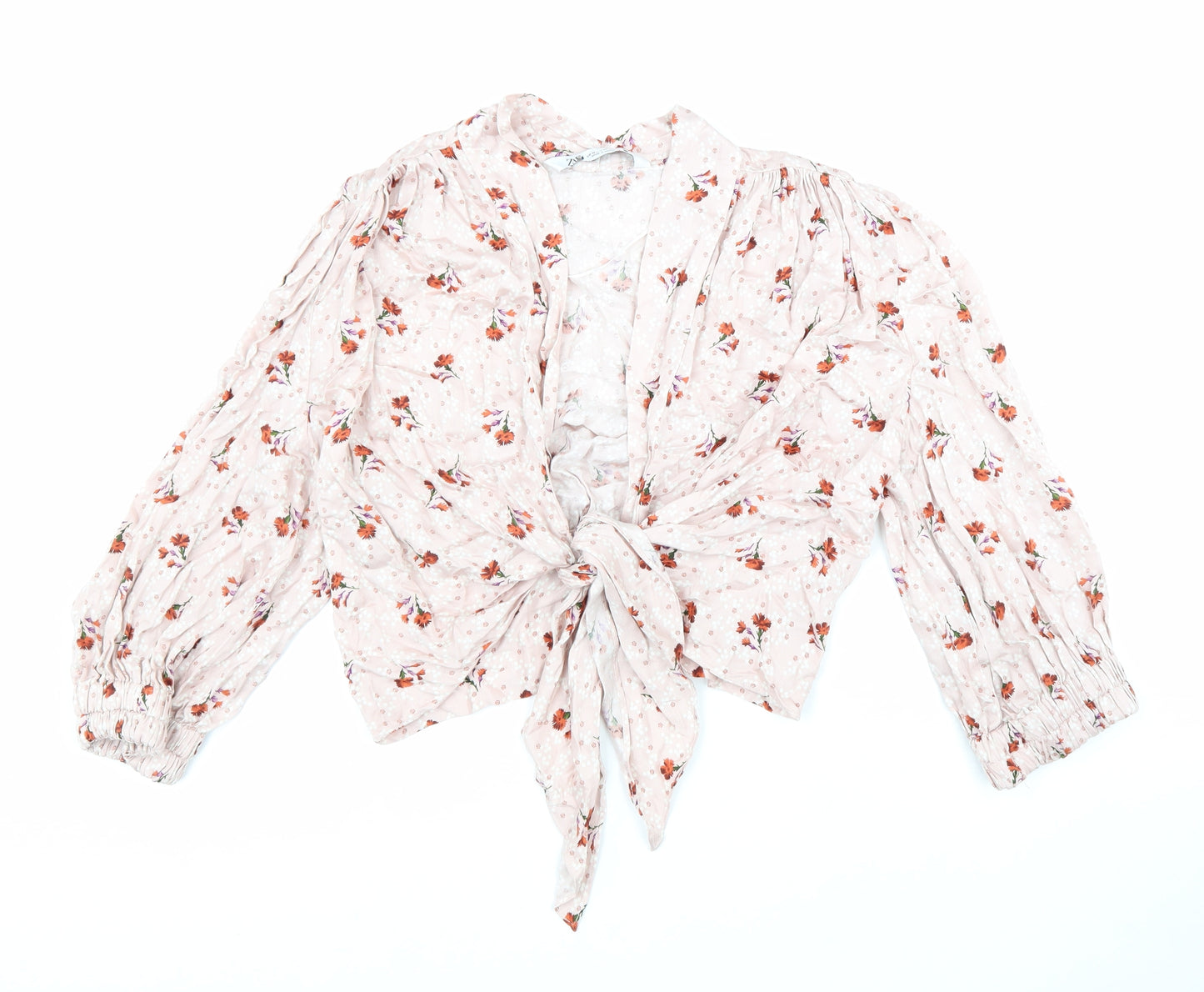 Zara Womens Pink Floral Viscose Cropped Blouse Size M V-Neck