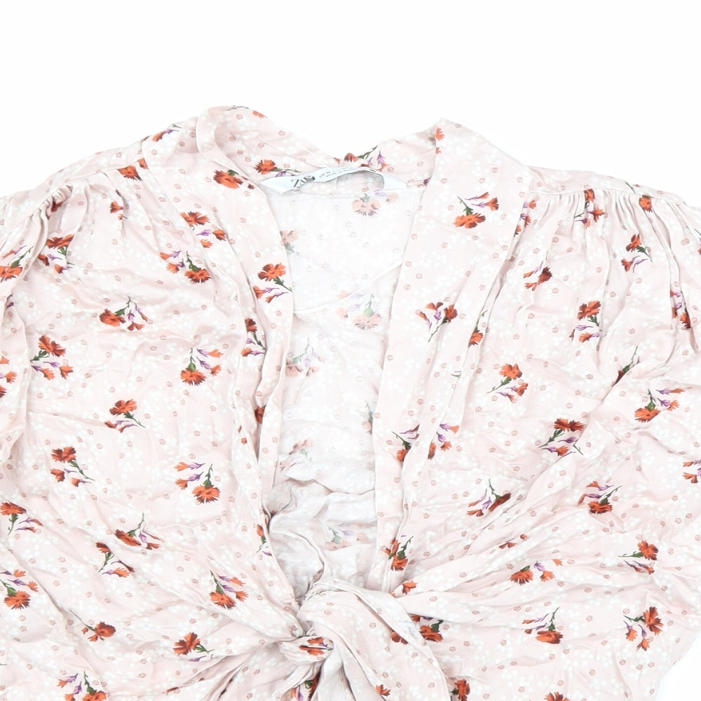 Zara Womens Pink Floral Viscose Cropped Blouse Size M V-Neck