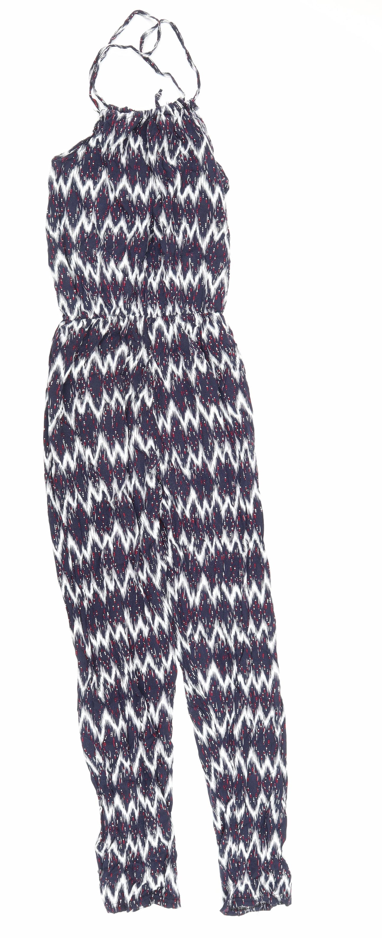 Preworn Womens Blue Geometric 100% Cotton Jumpsuit One-Piece Size L L26 in Drawstring