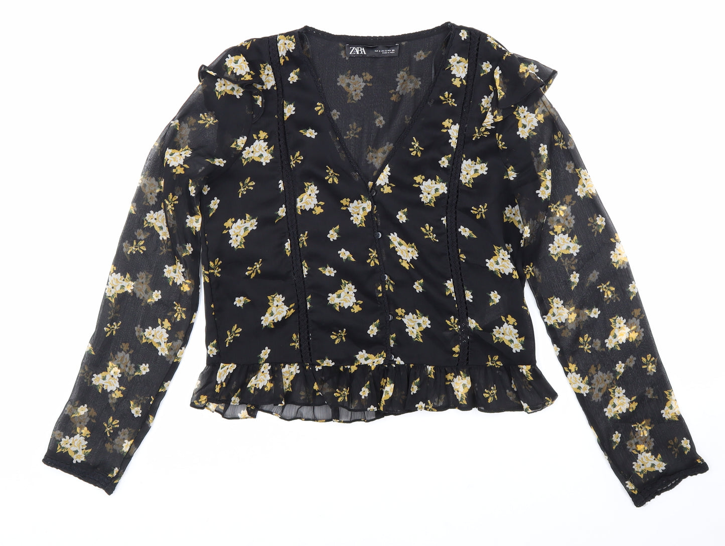 Zara Womens Black Floral Polyester Basic Blouse Size S V-Neck