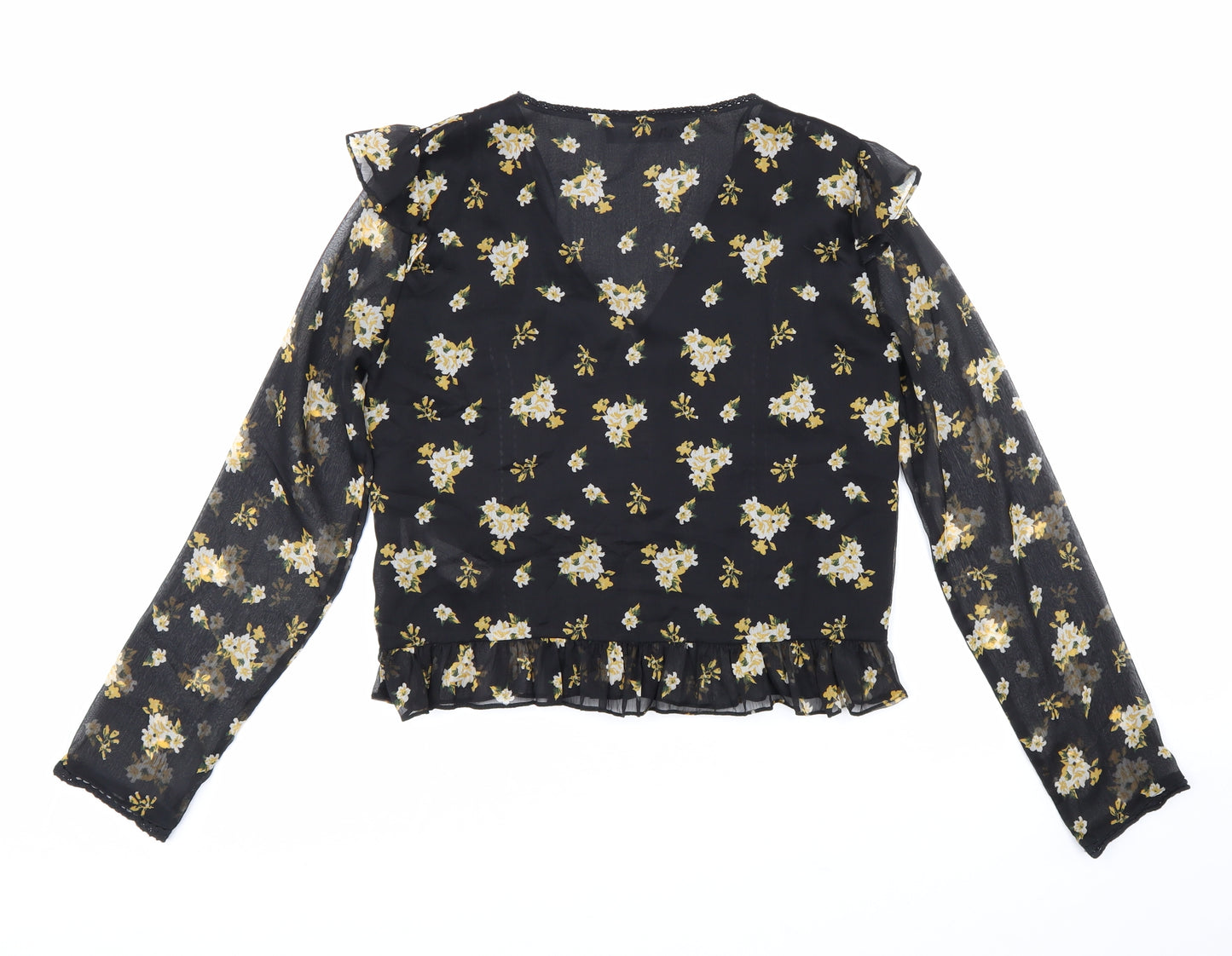 Zara Womens Black Floral Polyester Basic Blouse Size S V-Neck