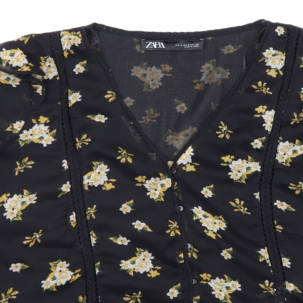 Zara Womens Black Floral Polyester Basic Blouse Size S V-Neck
