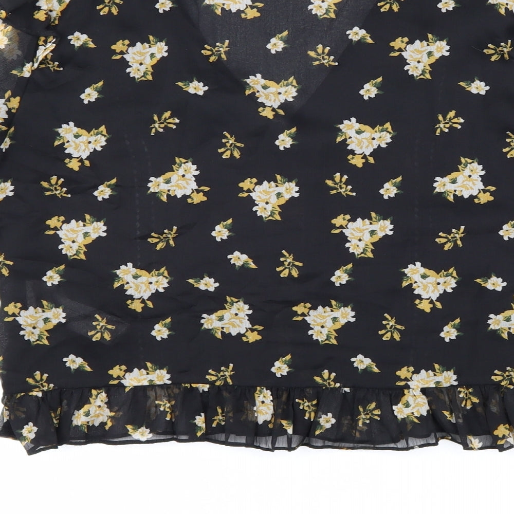 Zara Womens Black Floral Polyester Basic Blouse Size S V-Neck
