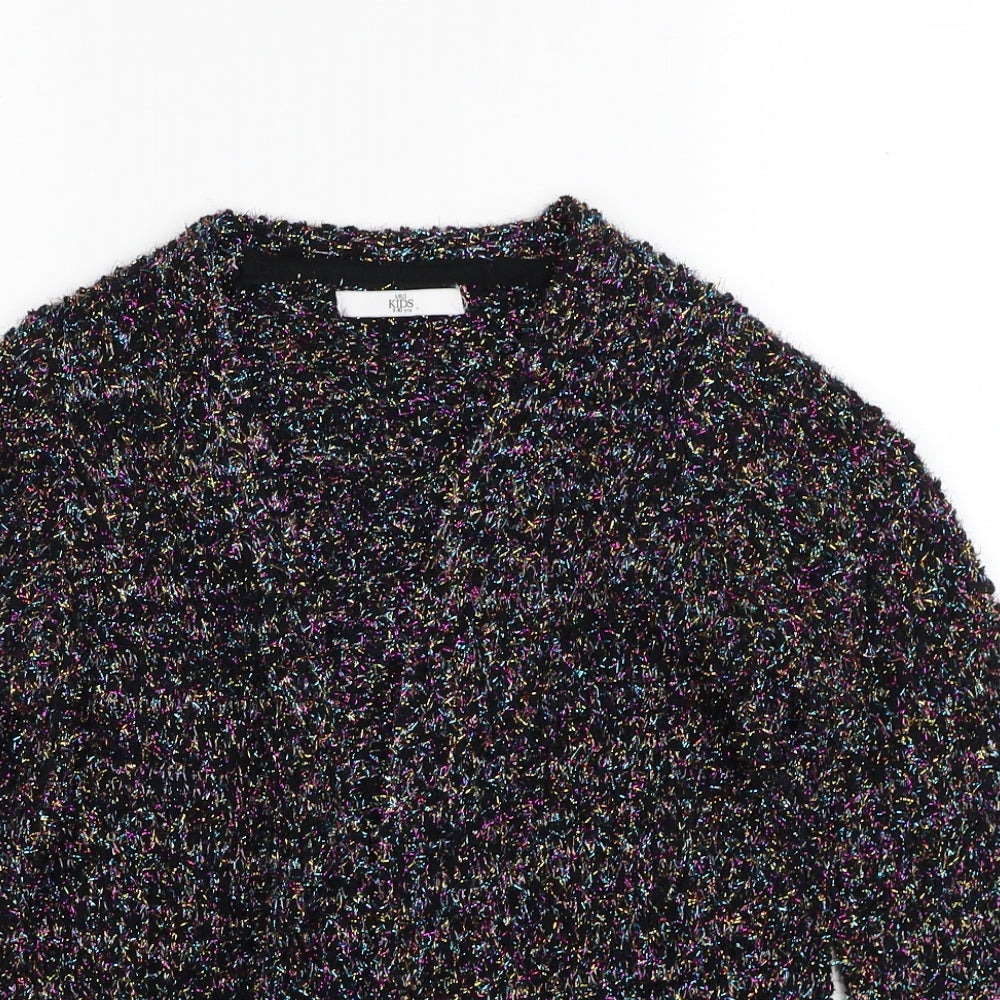 Marks and Spencer Girls Black V-Neck Geometric Polyester Cardigan Jumper Size 9-10 Years Pullover