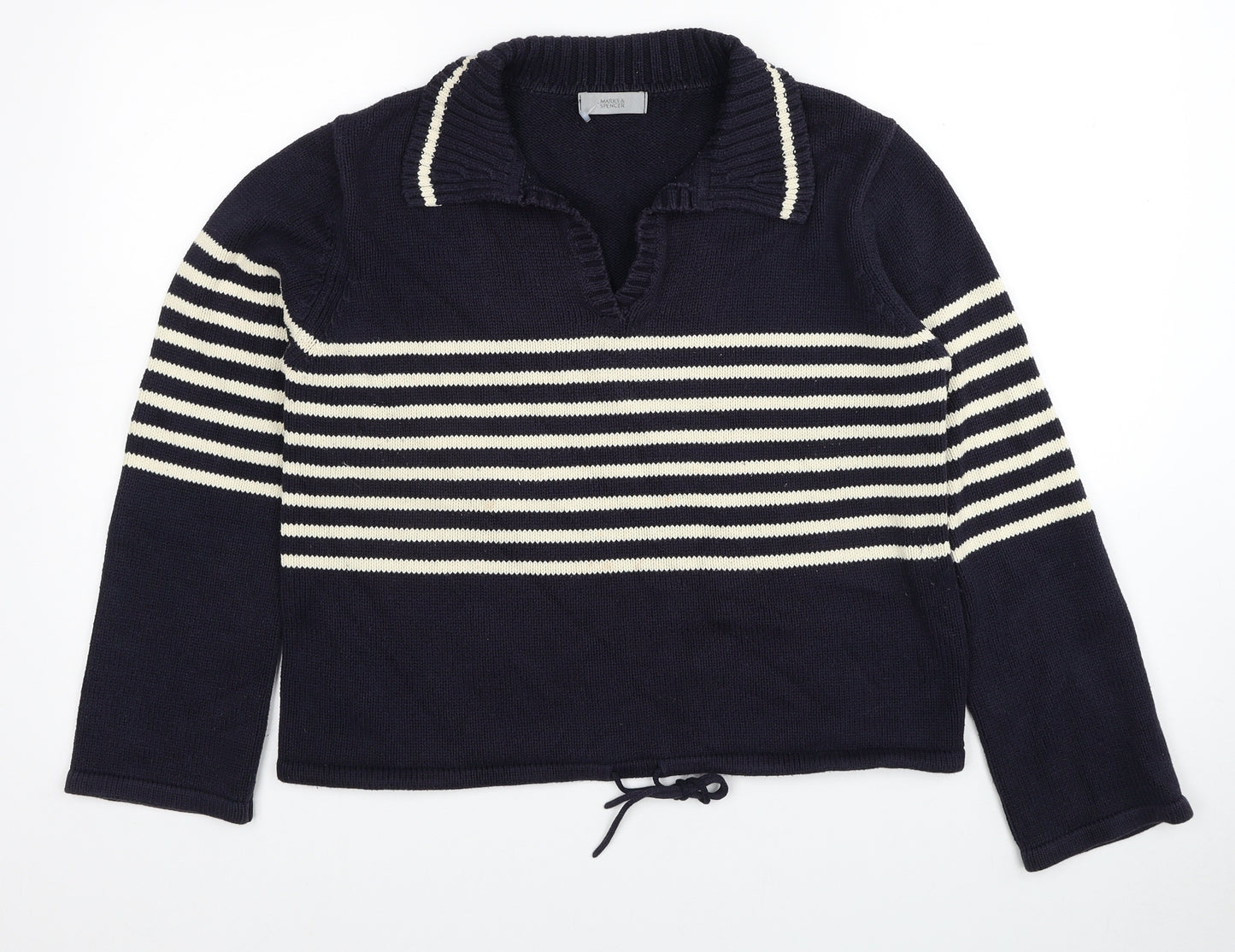 Marks and Spencer Womens Blue V-Neck Striped Cotton Pullover Jumper Size 16