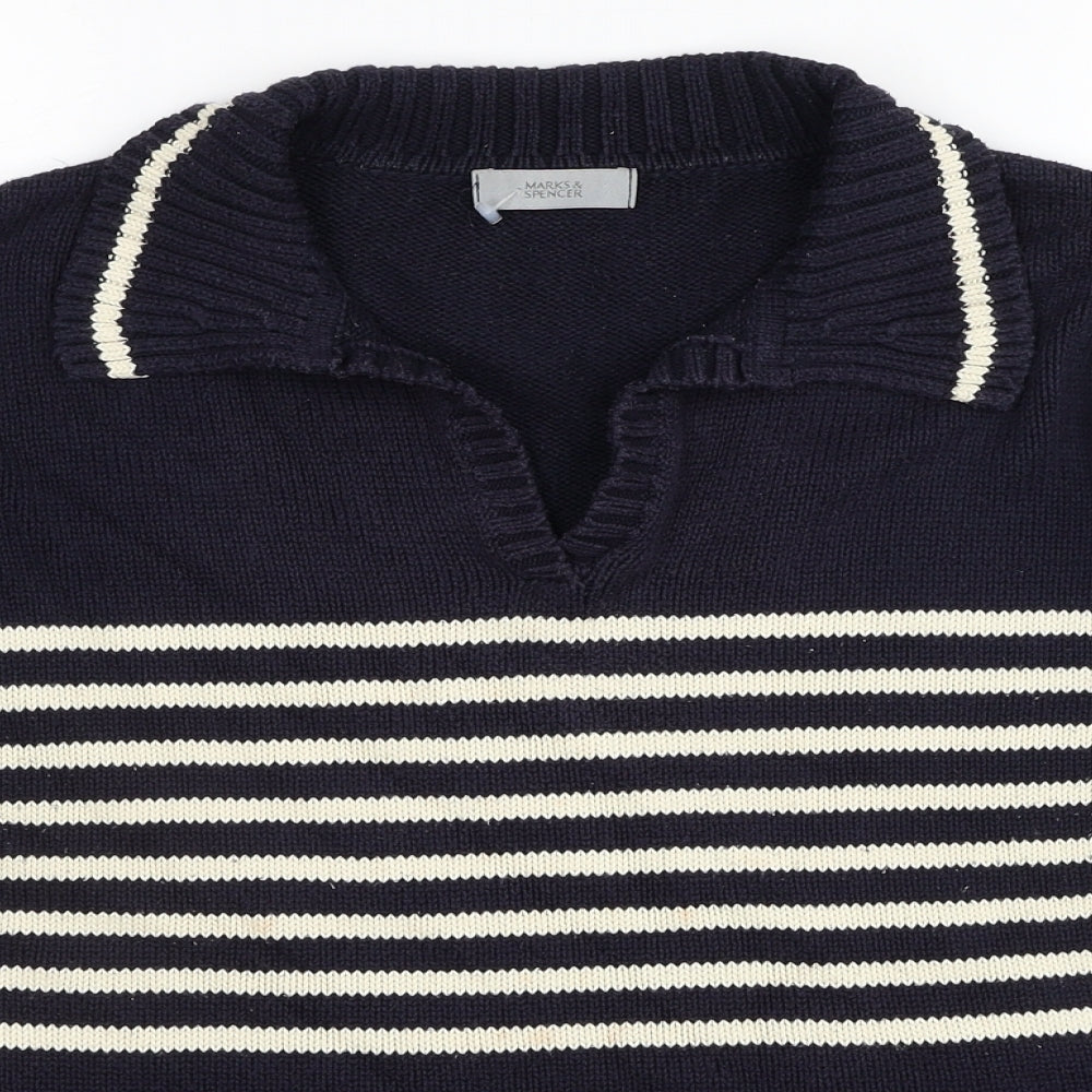 Marks and Spencer Womens Blue V-Neck Striped Cotton Pullover Jumper Size 16