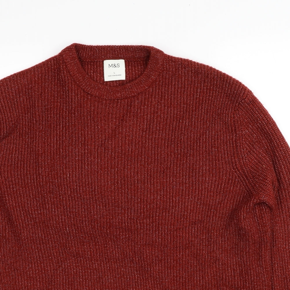 Marks and Spencer Mens Red Round Neck Polyamide Pullover Jumper Size L Long Sleeve