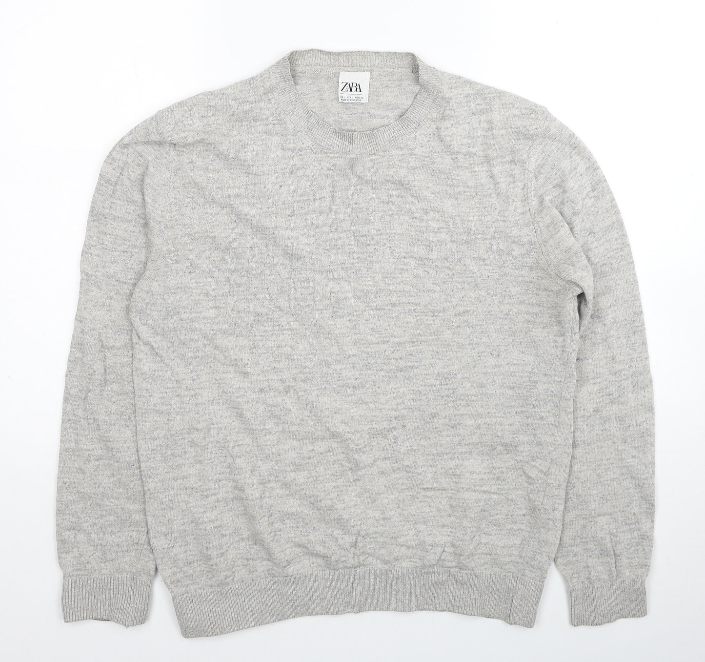Zara Mens Grey Round Neck Cotton Pullover Jumper Size L Long Sleeve