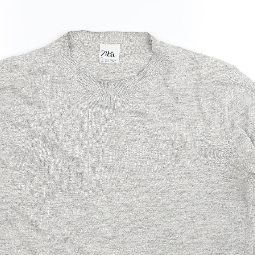 Zara Mens Grey Round Neck Cotton Pullover Jumper Size L Long Sleeve