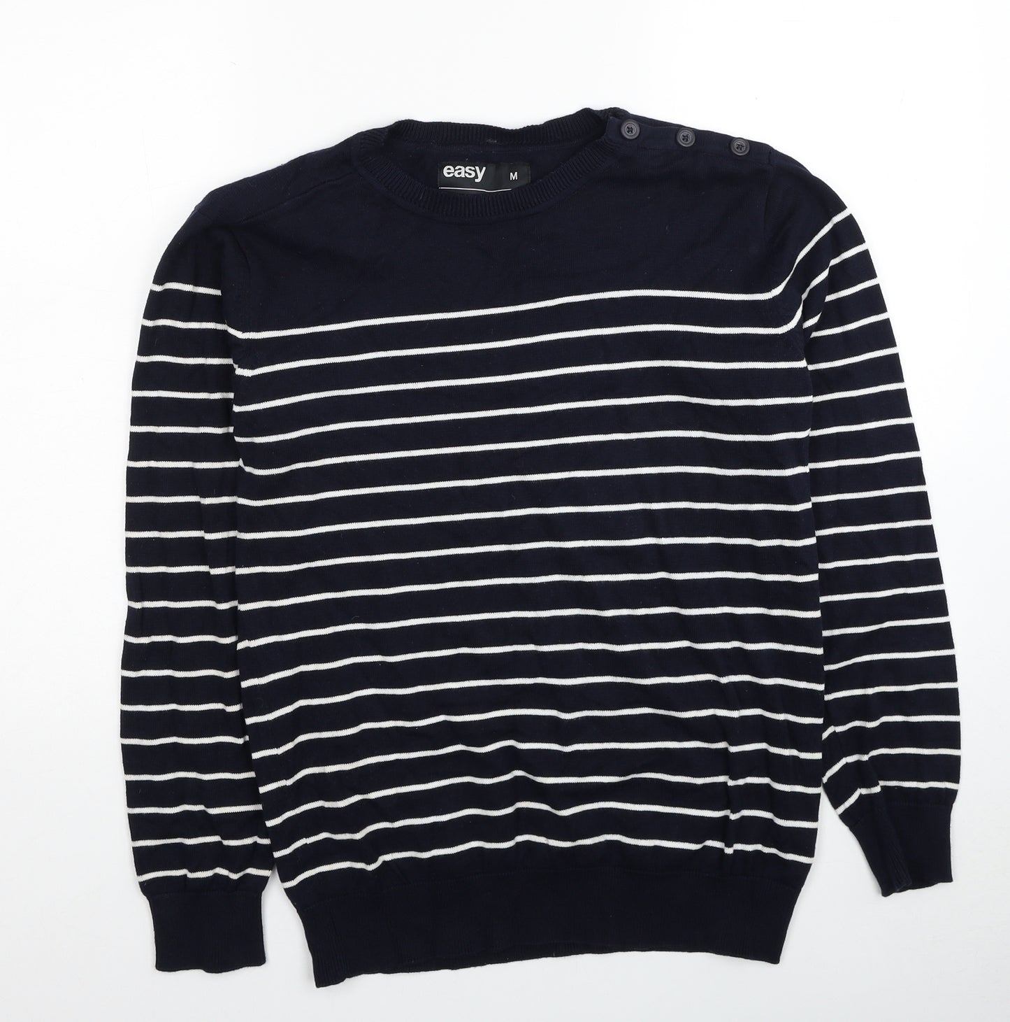 Easy Mens Blue Round Neck Striped Cotton Pullover Jumper Size M Long Sleeve