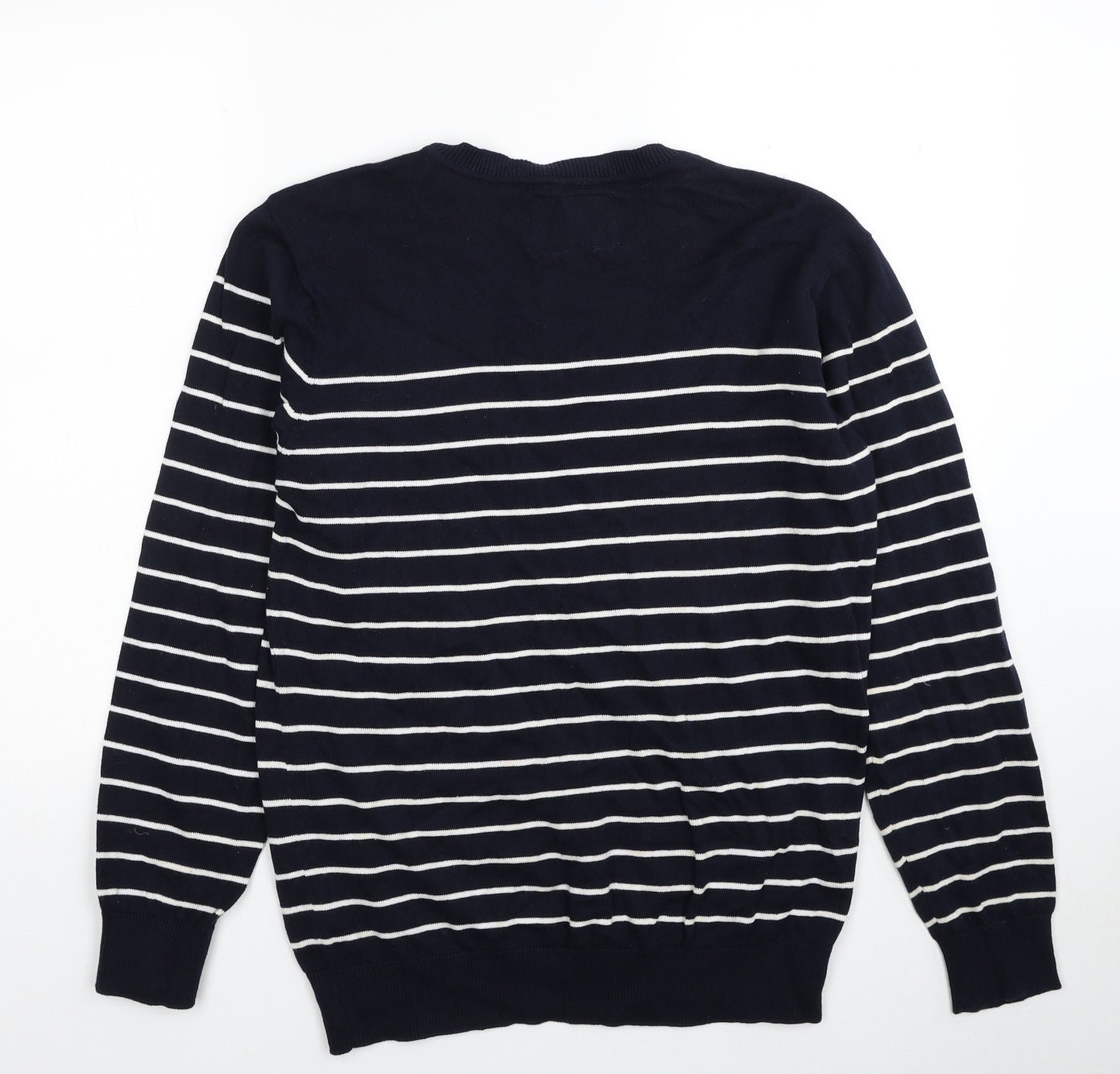 Easy Mens Blue Round Neck Striped Cotton Pullover Jumper Size M Long Sleeve