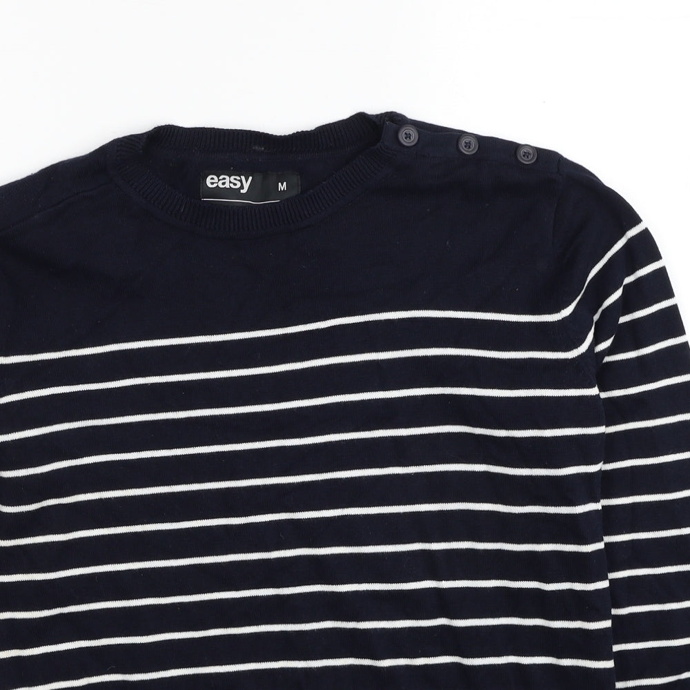 Easy Mens Blue Round Neck Striped Cotton Pullover Jumper Size M Long Sleeve