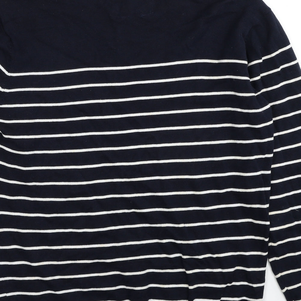 Easy Mens Blue Round Neck Striped Cotton Pullover Jumper Size M Long Sleeve