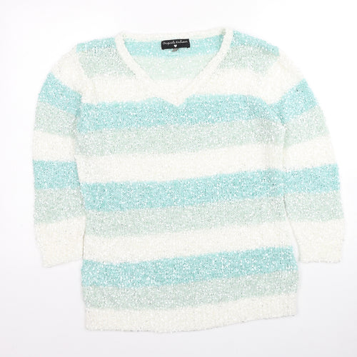 Original Knitwear Womens Multicoloured V-Neck Striped Polyester Pullover Jumper Size M