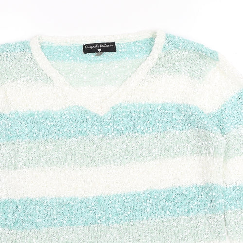 Original Knitwear Womens Multicoloured V-Neck Striped Polyester Pullover Jumper Size M