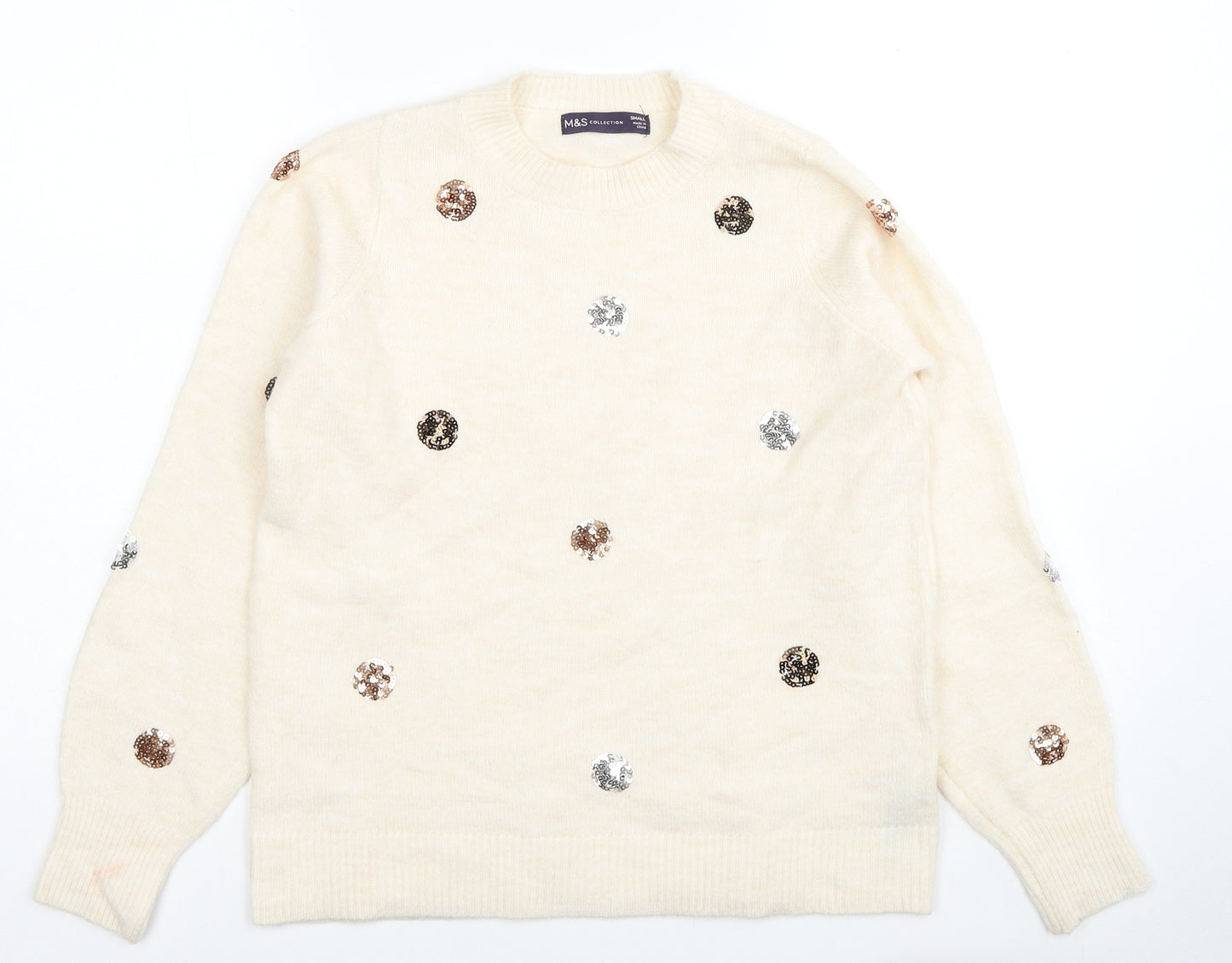 Marks and Spencer Womens Ivory Round Neck Polyester Pullover Jumper Size S