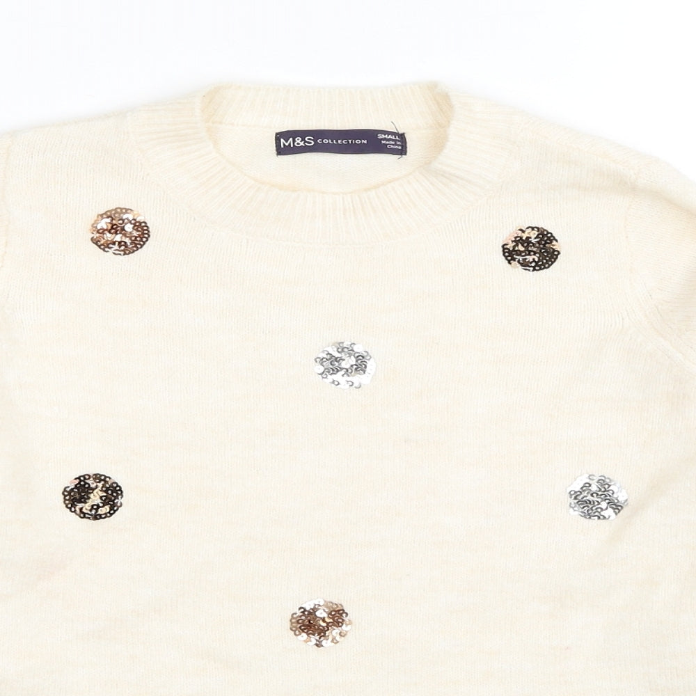 Marks and Spencer Womens Ivory Round Neck Polyester Pullover Jumper Size S