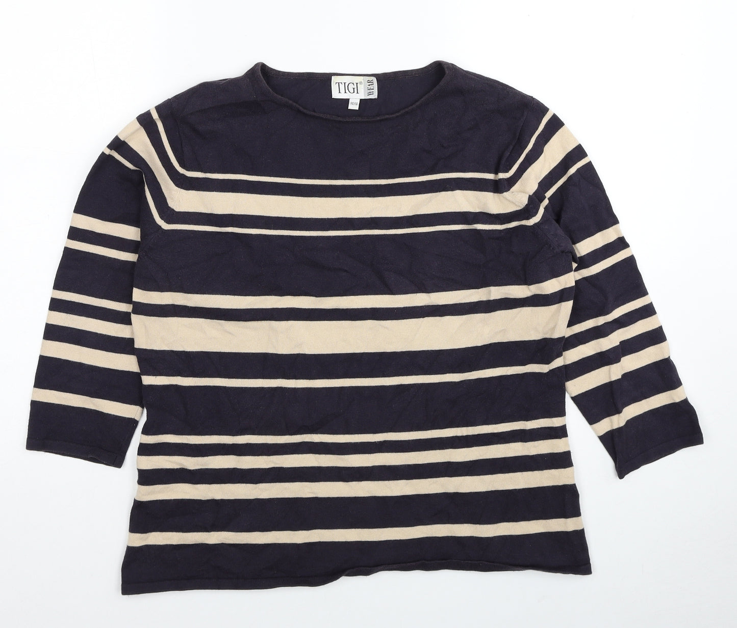 TIGI Womens Blue Round Neck Striped Cotton Pullover Jumper Size 14 - Size 14-16
