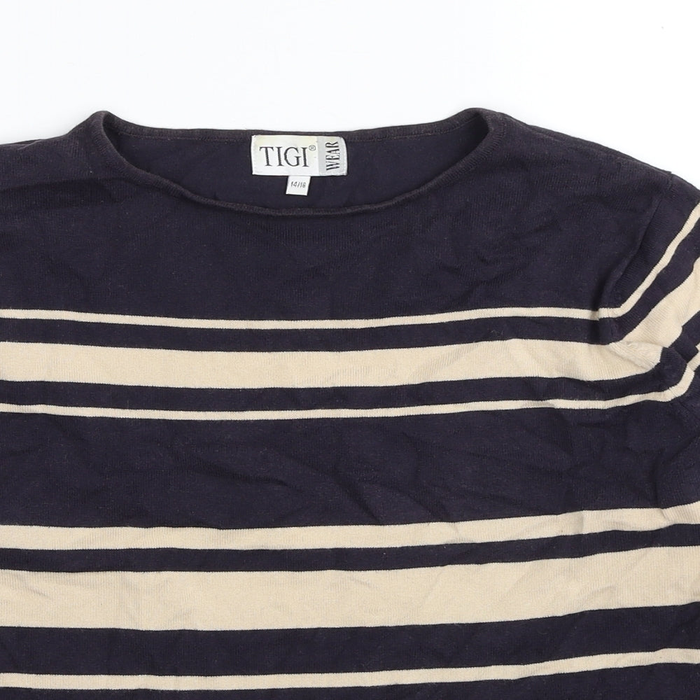 TIGI Womens Blue Round Neck Striped Cotton Pullover Jumper Size 14 - Size 14-16